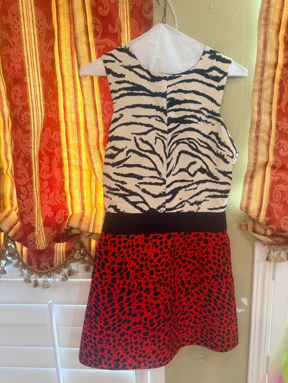 Black & White Zebra Print Top with Red Leopard Skirt Dress